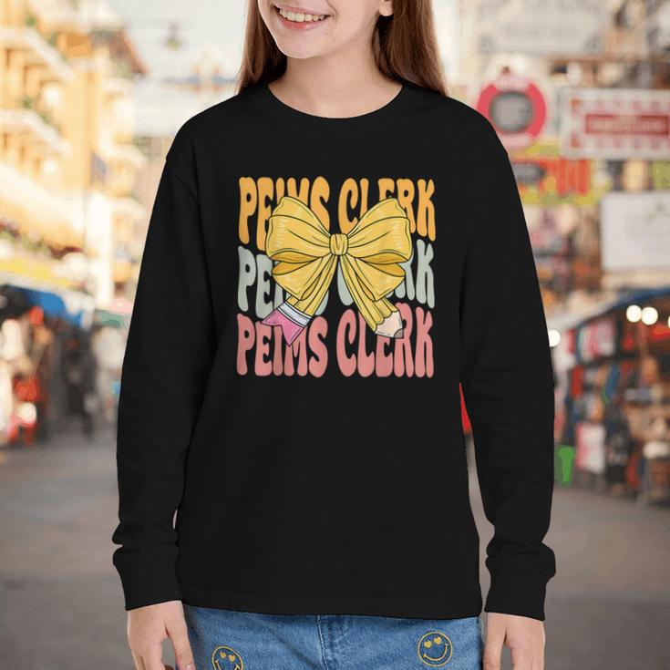 Peims Clerk Groovy Coquette Bow Cute Back To School Youth Long Sleeve Tee Peims Clerk Groovy Coquette Bow Cute Back To School Youth Long Sleeve Tee