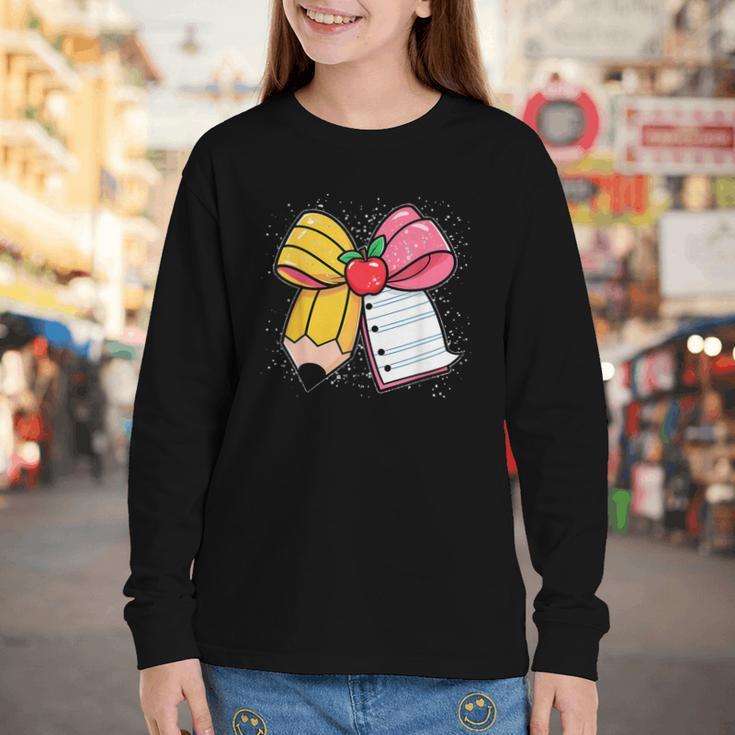 Pencil Coquette Bow Happy First Day Of School Back To School Youth Long Sleeve Tee Pencil Coquette Bow Happy First Day Of School Back To School Youth Long Sleeve Tee