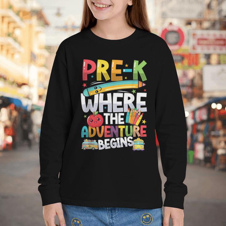 Pre-K Where The Adventure Begins First Day & Back To School Youth Long Sleeve Tee Pre-K Where The Adventure Begins First Day & Back To School Youth Long Sleeve Tee