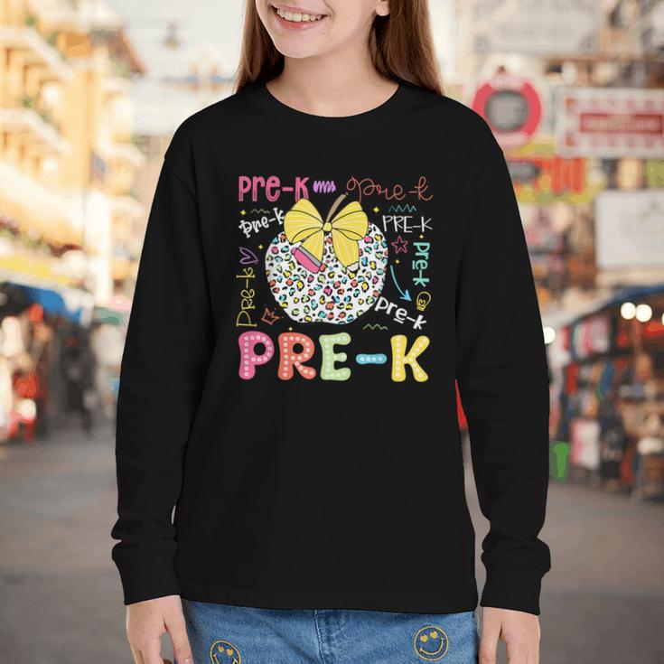 Pre-K Typography First Day Back To School Leopard Apple Youth Long Sleeve Tee Pre-K Typography First Day Back To School Leopard Apple Youth Long Sleeve Tee