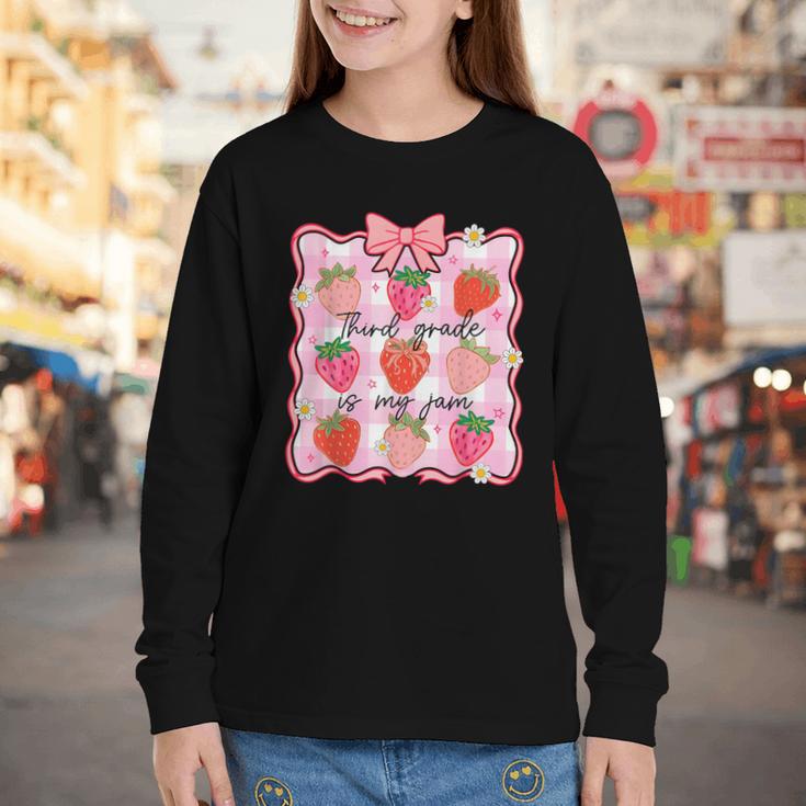 Preppy Back To School 3rd Grade Is My Jam Strawberry Bow Youth Long Sleeve Tee
