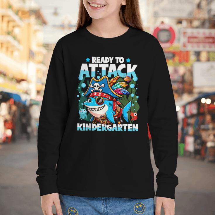 Ready To Attack Kindergarten Pirate Shark Back To School Youth Long Sleeve Tee Ready To Attack Kindergarten Pirate Shark Back To School Youth Long Sleeve Tee
