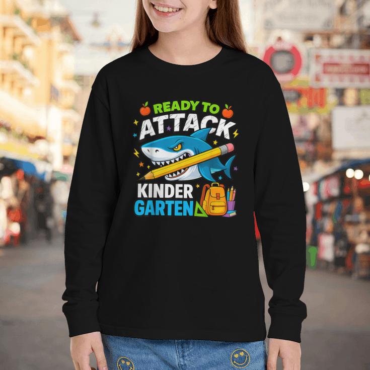 Ready To Attack Kindergarten Shark Back To School Kids Youth Long Sleeve Tee Ready To Attack Kindergarten Shark Back To School Kids Youth Long Sleeve Tee