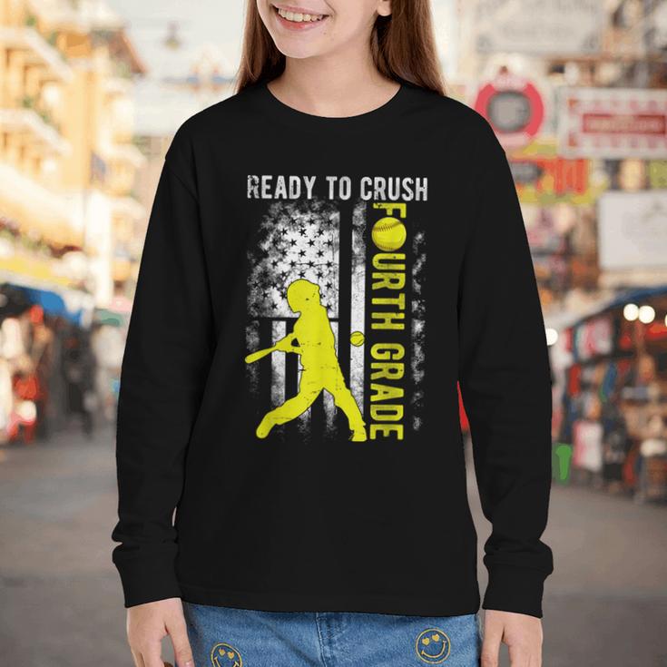 Ready To Crush Fourth Grade Softball USA Flag Back To School Youth Long Sleeve Tee