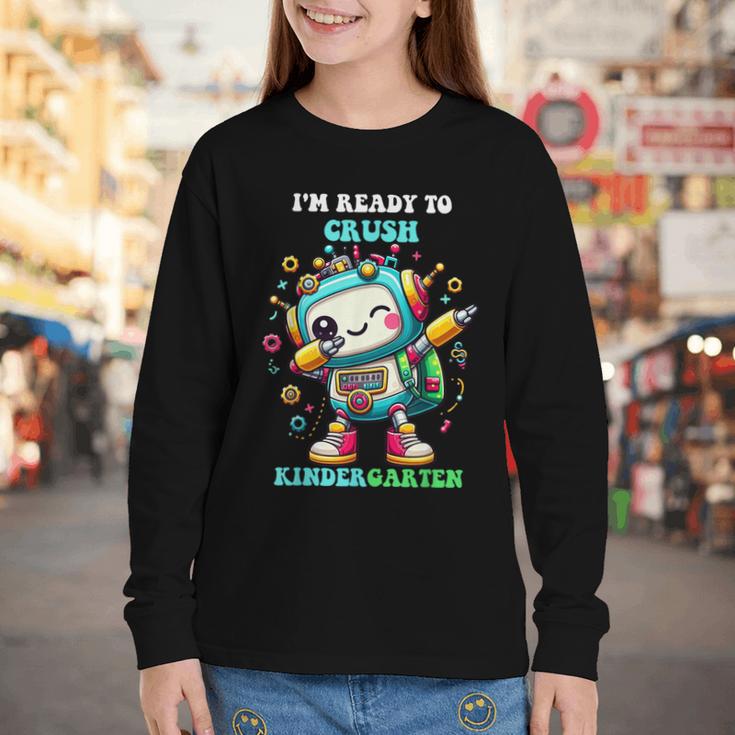 Ready To Crush Kindergarten Cute Robot Back To School Youth Long Sleeve Tee Ready To Crush Kindergarten Cute Robot Back To School Youth Long Sleeve Tee