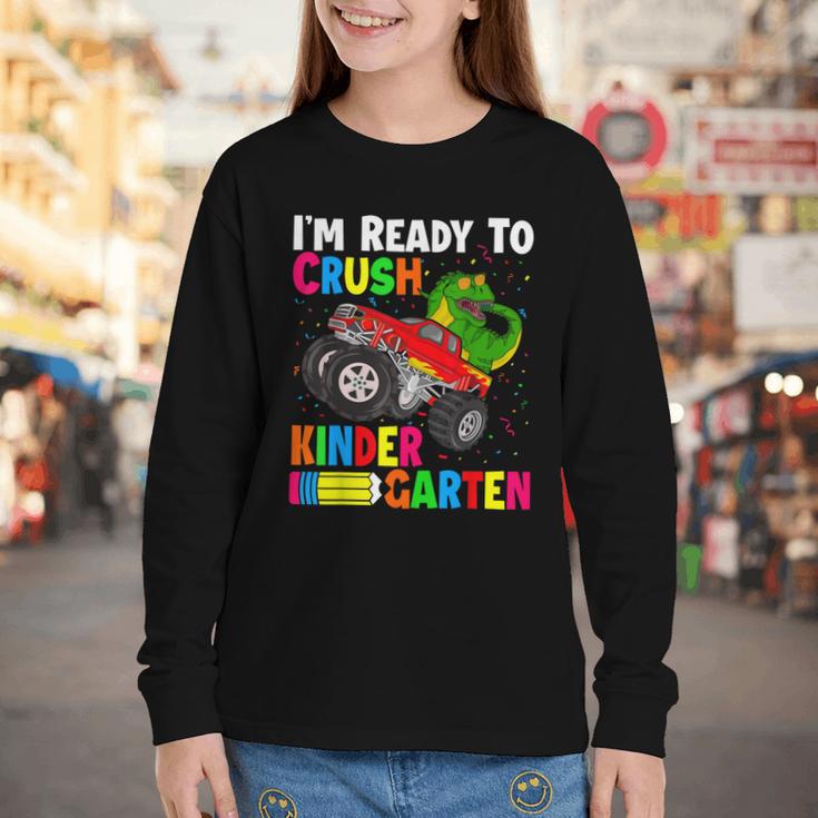 Ready To Crush Kindergarten T-Rex Back To School Boys Youth Long Sleeve Tee Ready To Crush Kindergarten T-Rex Back To School Boys Youth Long Sleeve Tee