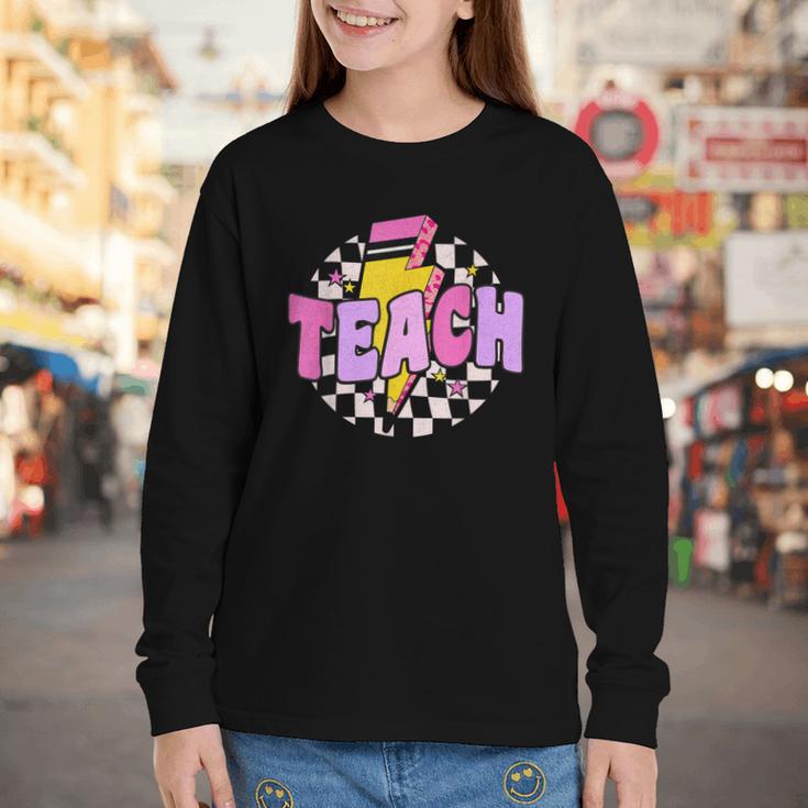 Retro Checkered Teach Pencil Lightning Back To School Youth Long Sleeve Tee Retro Checkered Teach Pencil Lightning Back To School Youth Long Sleeve Tee