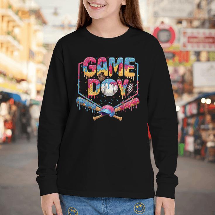 Retro Game Day Baseball Ice Cream Drip For Men Boy Kids Youth Long Sleeve Tee