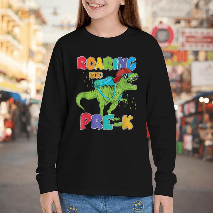 Roaring Into Pre-K Preschool Dinosaur Back To School Youth Long Sleeve Tee