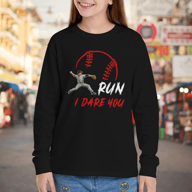 Run Steal I Dare You Humor Baseball Catcher Vintage Youth Long Sleeve Tee Run Steal I Dare You Humor Baseball Catcher Vintage Youth Long Sleeve Tee