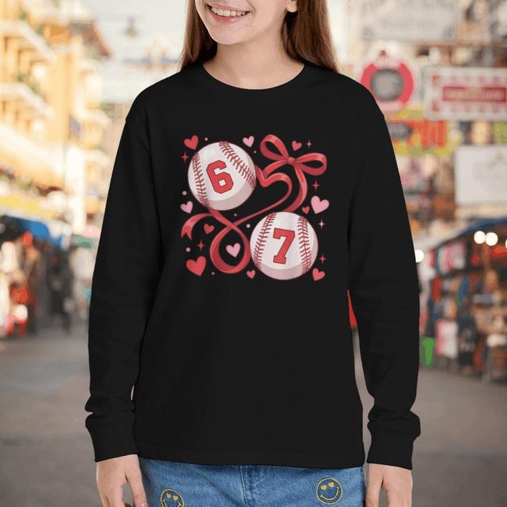 Six Seven Baseball Lover Sports Red Heart Bow Valentine Girl Youth Long Sleeve Tee