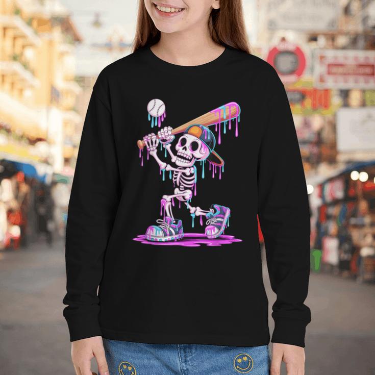 Skeleton Baseball Drip Boys Youth Kids Halloween Youth Long Sleeve Tee