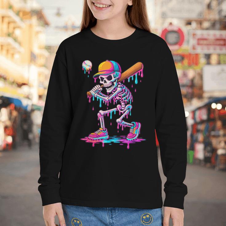 Skelton Playing Baseball Halloween Baseball Drip Boys Kids Youth Long Sleeve Tee