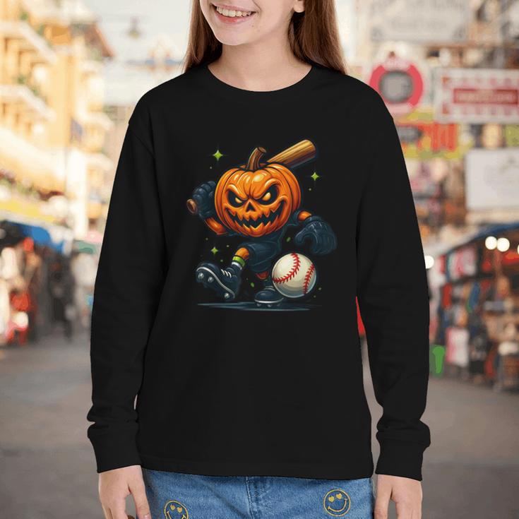 Spooky Halloween Scary Pumpkin Baseball Player Witchy Vibes Youth Long Sleeve Tee