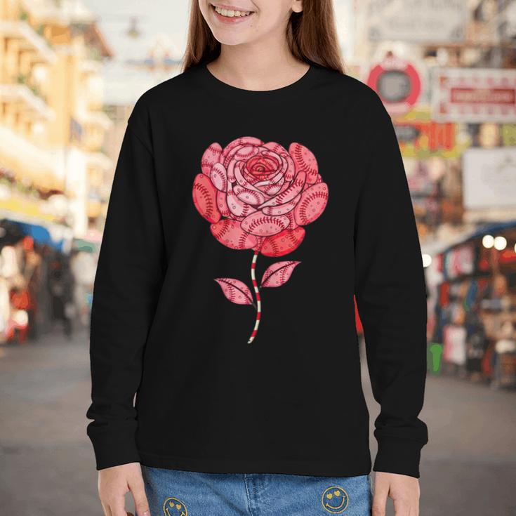 Sporty Rose Graphic With Baseball And Rugby Ball Petals Youth Long Sleeve Tee Sporty Rose Graphic With Baseball And Rugby Ball Petals Youth Long Sleeve Tee