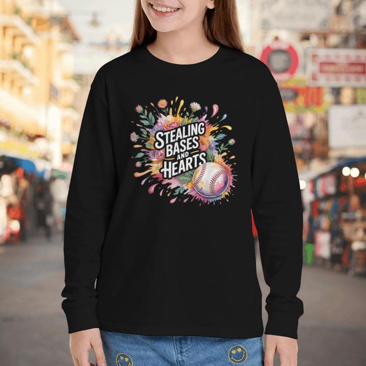 Stealing Bases And Hearts Baseball Puns Sports Youth Long Sleeve Tee
