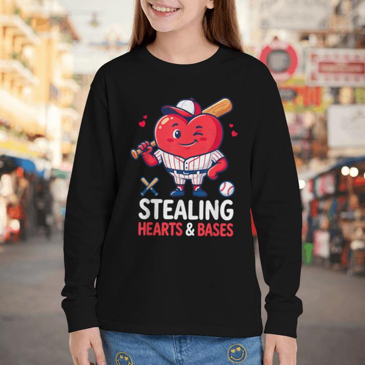 Stealing Hearts And Bases Baseball Player Valentine's Day Youth Long Sleeve Tee