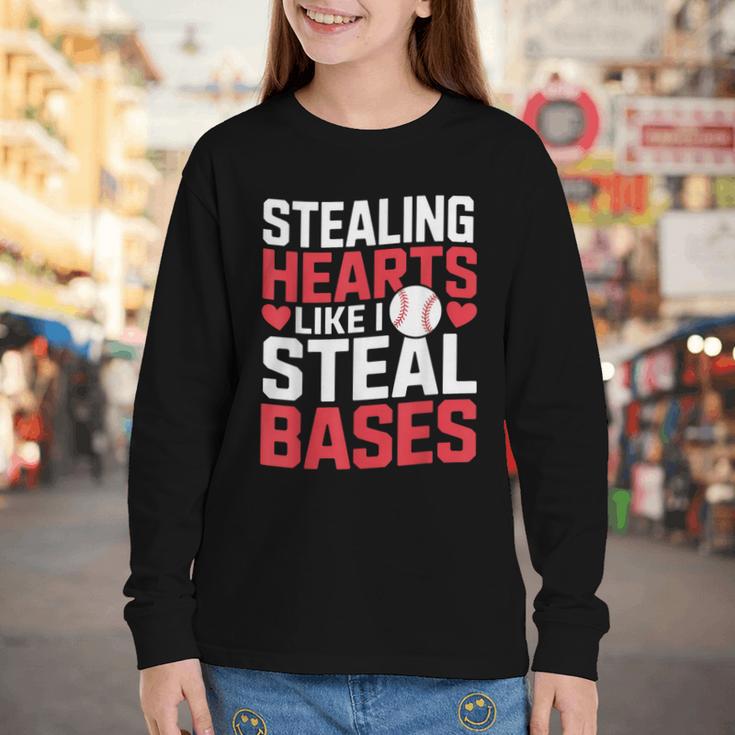 Stealing Hearts Like I Steal Bases Cute Baseball Kids Youth Long Sleeve Tee