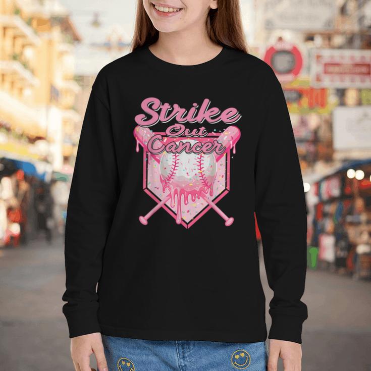 Strike Out Breast Cancer Baseball Drip For Boys Youth Youth Long Sleeve Tee