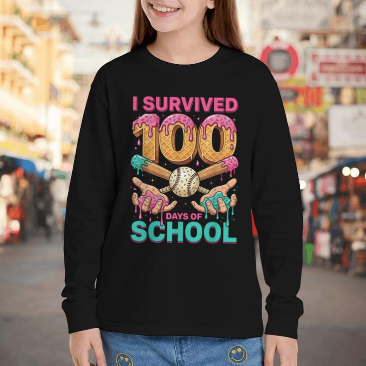 I Survived 100 Days Of School Baseball Ice Cream Drip Youth Long Sleeve Tee