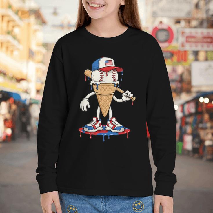 USA Patriotic Baseball Ice Cream Cone Freedom Youth Long Sleeve Tee USA Patriotic Baseball Ice Cream Cone Freedom Youth Long Sleeve Tee