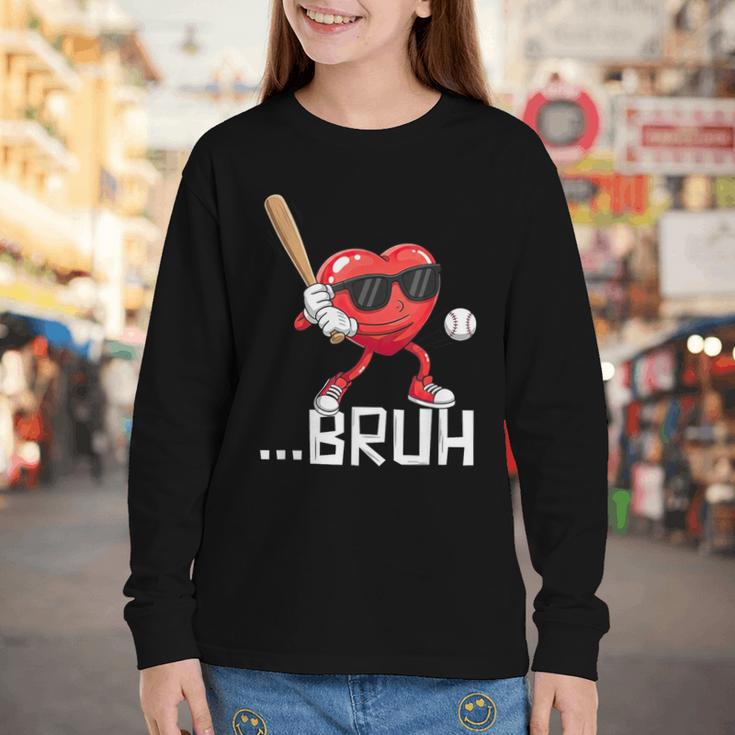 Valentines Bruh Red Heart Playing Baseball Men Boys Kids Youth Long Sleeve Tee