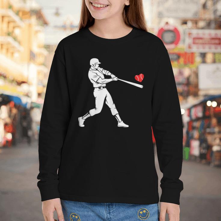Valentines US Baseball Player Silhouette Heart Youth Long Sleeve Tee