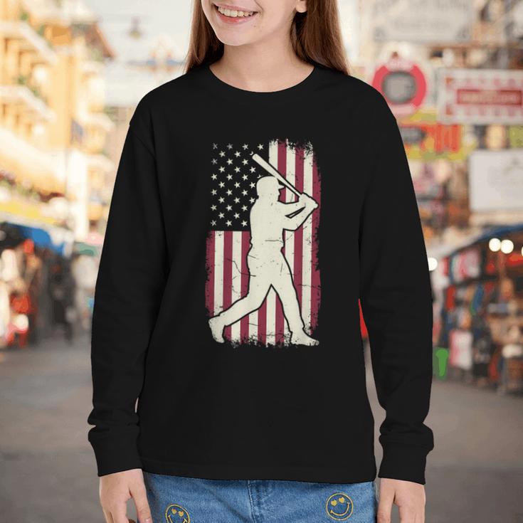 Vintage American Flag Baseball Batter Patriotic Home Run Youth Long Sleeve Tee Vintage American Flag Baseball Batter Patriotic Home Run Youth Long Sleeve Tee