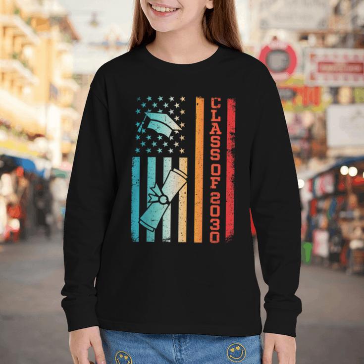 Vintage Class Of 2030 Graduation Back To School USA Flag Youth Long Sleeve Tee
