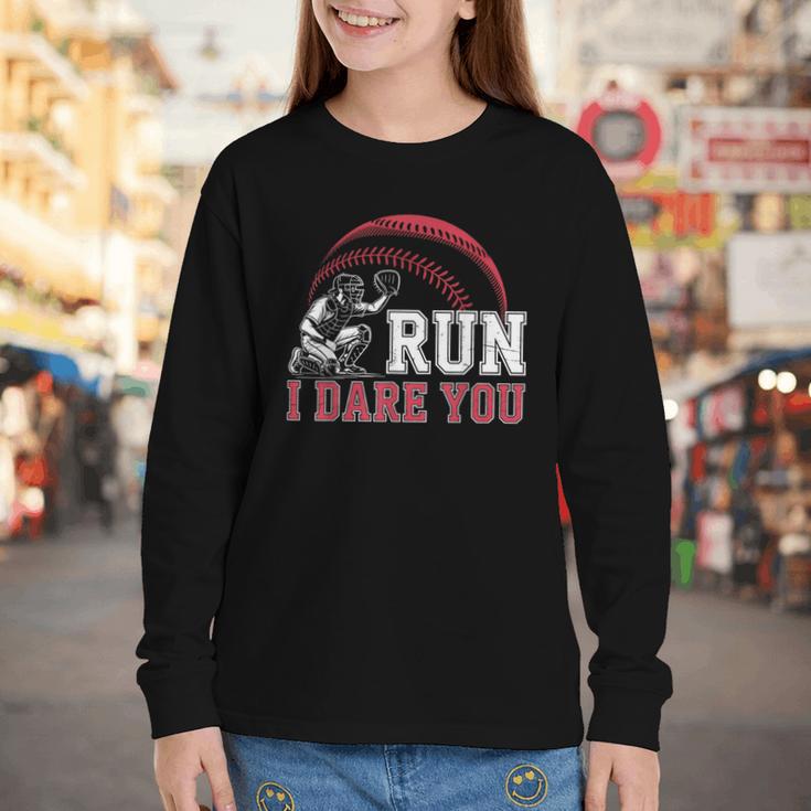 Vintage Humor Baseball Apparel Run I Dare You Youth Long Sleeve Tee Vintage Humor Baseball Apparel Run I Dare You Youth Long Sleeve Tee