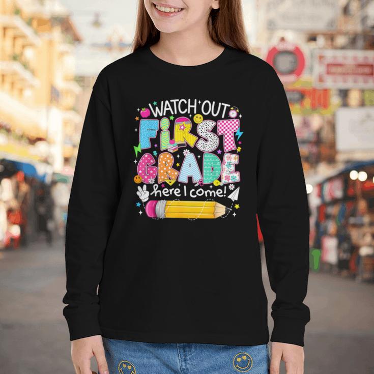 Watch Out First Grade Here I Come Back To School Boy Kids Youth Long Sleeve Tee