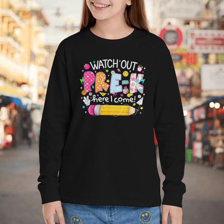 Watch Out Pre-K Here I Come Back To School Boy Girl Kids Youth Long Sleeve Tee Watch Out Pre-K Here I Come Back To School Boy Girl Kids Youth Long Sleeve Tee