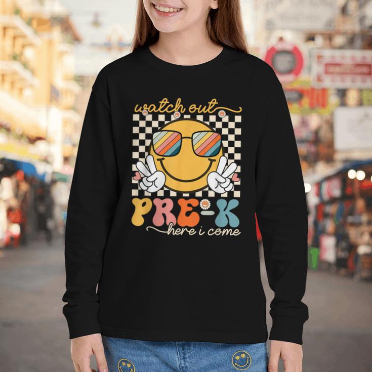 Watch Out Pre-K Grade Here I Come Back To School Pre-K Smile Youth Long Sleeve Tee Watch Out Pre-K Grade Here I Come Back To School Pre-K Smile Youth Long Sleeve Tee