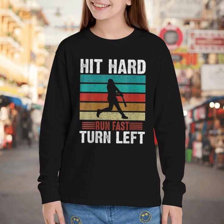 Women's Retro Hit Hard Run Fast Turn Left Baseball Lover Youth Long Sleeve Tee