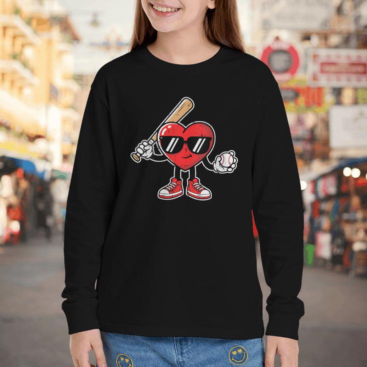 Women's Valentines Day Heart Baseball Player Sports Boys Kids Men Youth Long Sleeve Tee