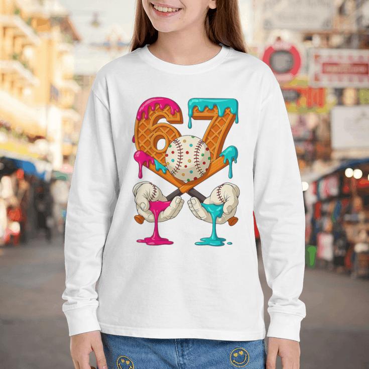 67 Ice Cream Drip Baseball Number 67 Player 67th Birthday Premium Tri-Blend Youth Long Sleeve Tee