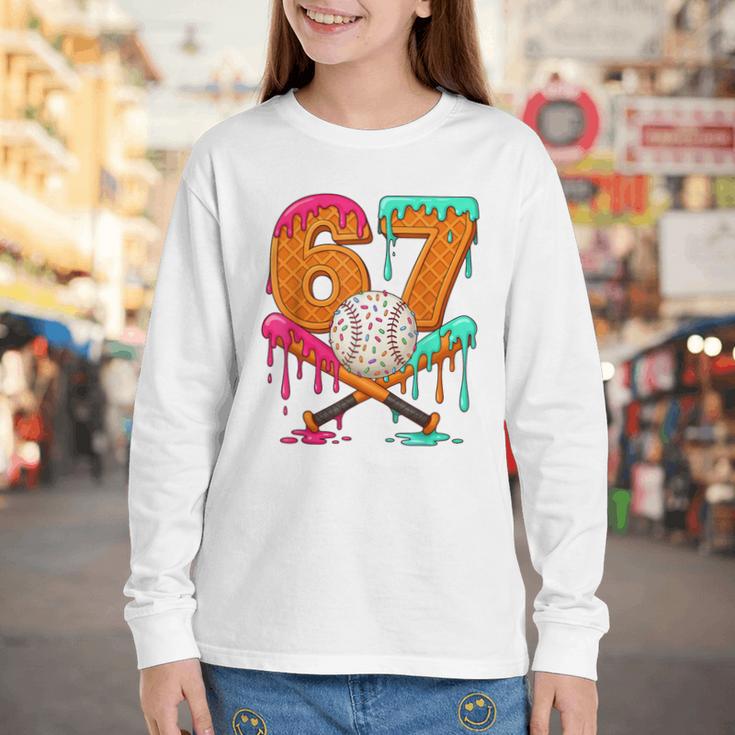 67 Ice Cream Drip Baseball Number 67 Player 67th Birthday Youth Long Sleeve Tee
