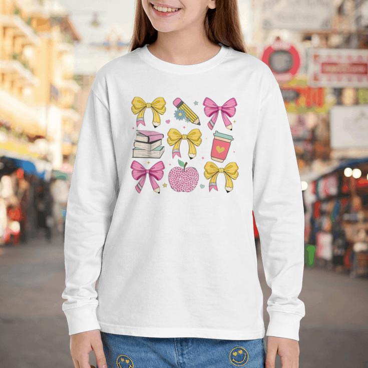 Apple Coquette Bow Books First Day Of School Back To School Youth Long Sleeve Tee Apple Coquette Bow Books First Day Of School Back To School Youth Long Sleeve Tee