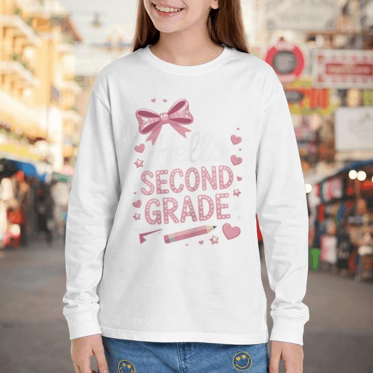 Back To School Cute Pink Coquette Girls Hello Second Grade Youth Long Sleeve Tee