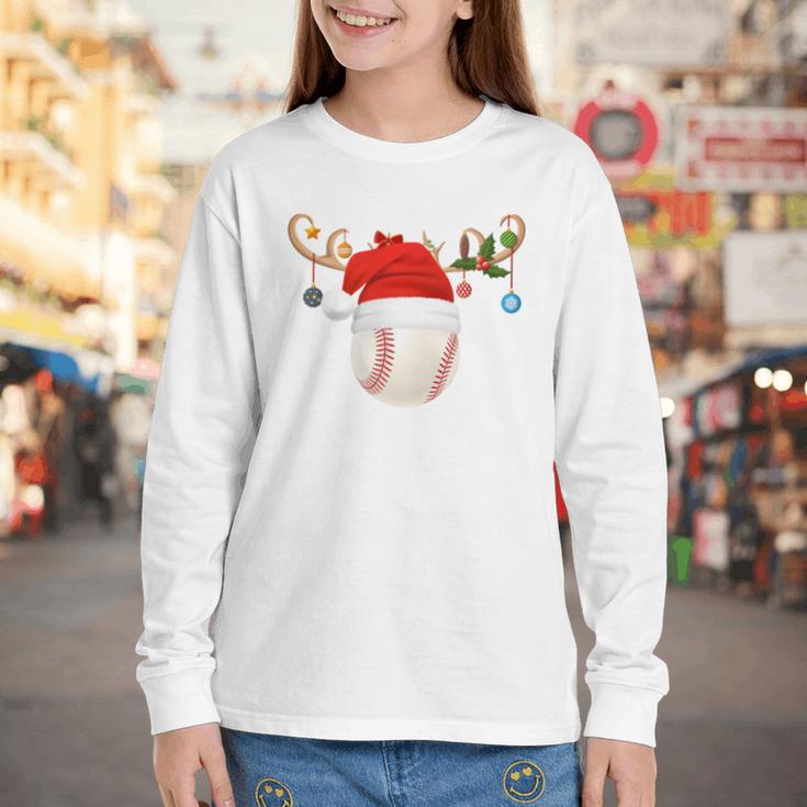 Baseball Christmas Reindeer Santa Hat Sports Player Xmas Youth Long Sleeve Tee