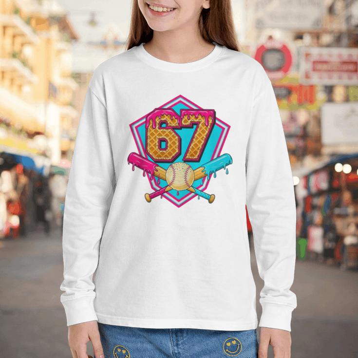 Baseball Drip Jersey Number 67 For Players & 67th Birthday Premium Tri-Blend Youth Long Sleeve Tee