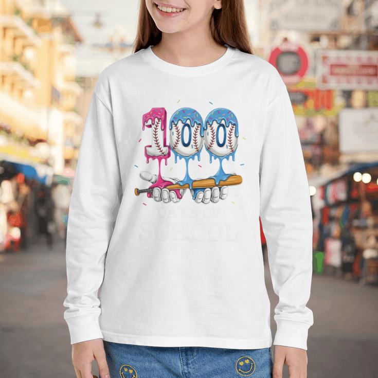 Baseball Player 100 Days Of School Sports Ice Cream Drip Premium Tri-Blend Youth Long Sleeve Tee