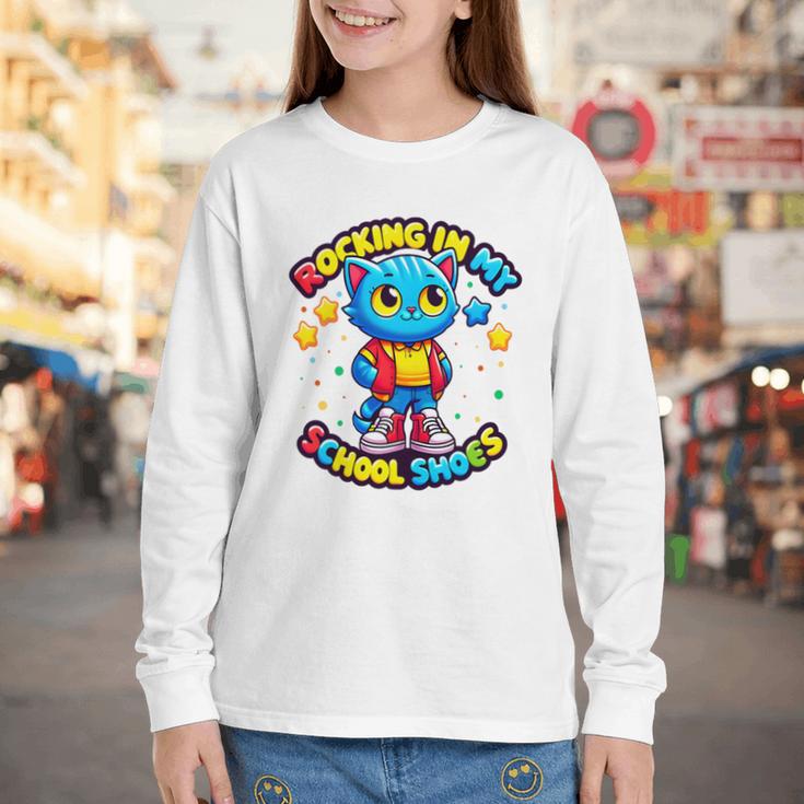 Cat Rocking In My School Shoes Fun Back To School Kids Boys Premium Tri-Blend Youth Long Sleeve Tee
