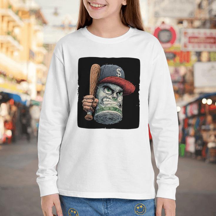 Cool Dollar Bill Guy With Cap And Baseball Costume Premium Tri-Blend Youth Long Sleeve Tee Cool Dollar Bill Guy With Cap And Baseball Costume Premium Tri-Blend Youth Long Sleeve Tee