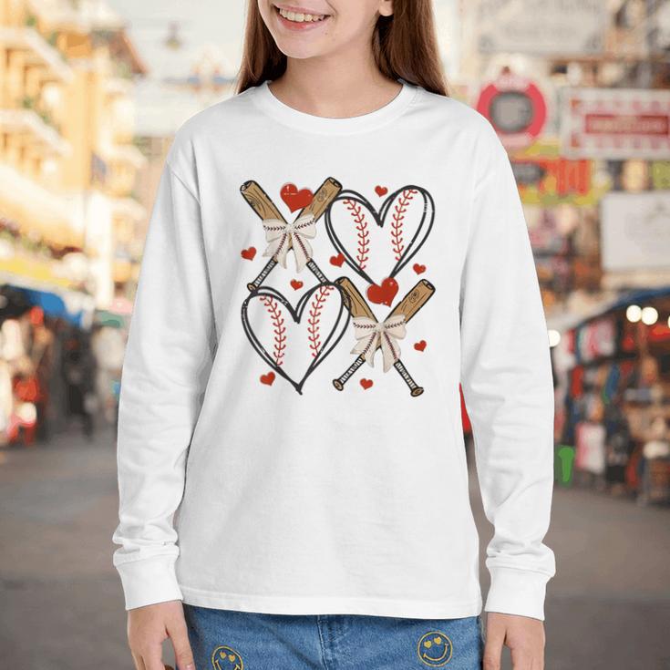 Coquette Bow XOXO Baseball Lover Heart Valentine Game Day Youth Long Sleeve Tee