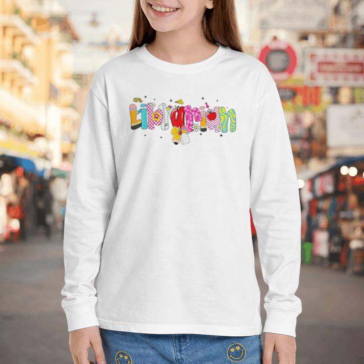 Coquette Pencil Bow Librarian Back To School Bookworm Youth Long Sleeve Tee Coquette Pencil Bow Librarian Back To School Bookworm Youth Long Sleeve Tee
