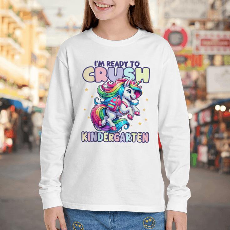 Crush Kindergarten Girls Back To School Unicorn First Day Youth Long Sleeve Tee