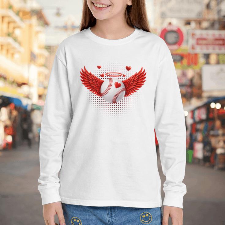 Cute Baseball &Cupid Wings Happy Valentines Boys Men Youth Long Sleeve Tee