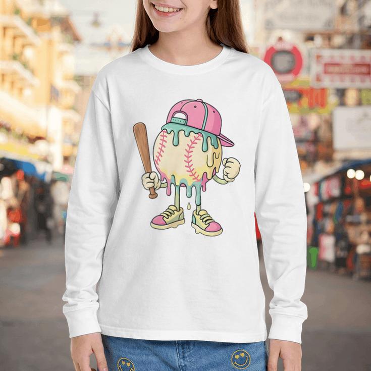 Cute Baseball Ice Cream Drip For Girls & Boys 2 Sides Youth Long Sleeve Tee