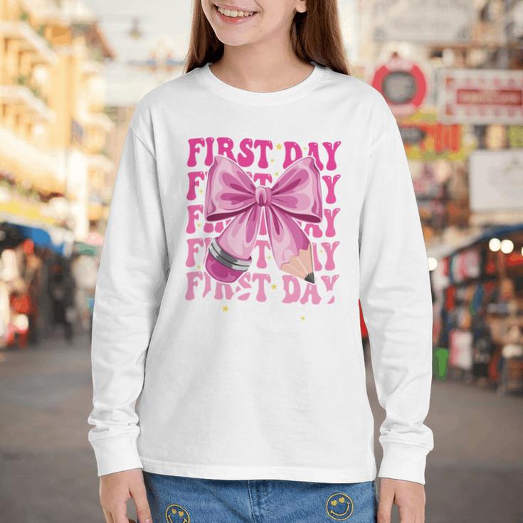 First Day Of School Girls Coquette Bow Back To School Performance Youth Long Sleeve Tee First Day Of School Girls Coquette Bow Back To School Performance Youth Long Sleeve Tee